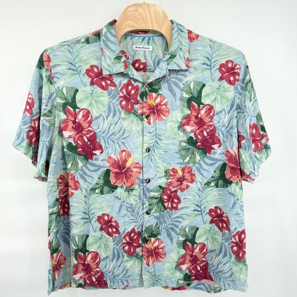 Tommy Bahama Button Front Shirt Mens 2XLB Blue Red Green Floral Silk Tropical